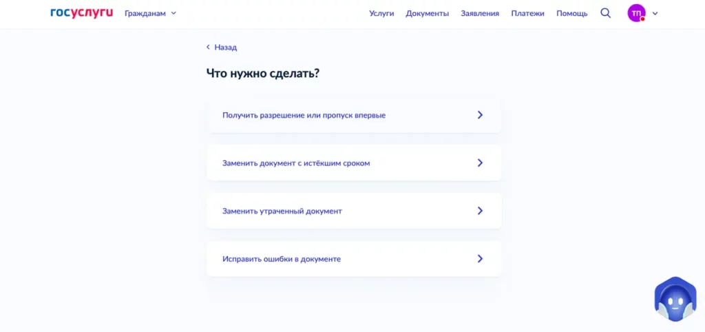 Скриншот Госуслуг: выбор получения или замены пропуска в погранзону